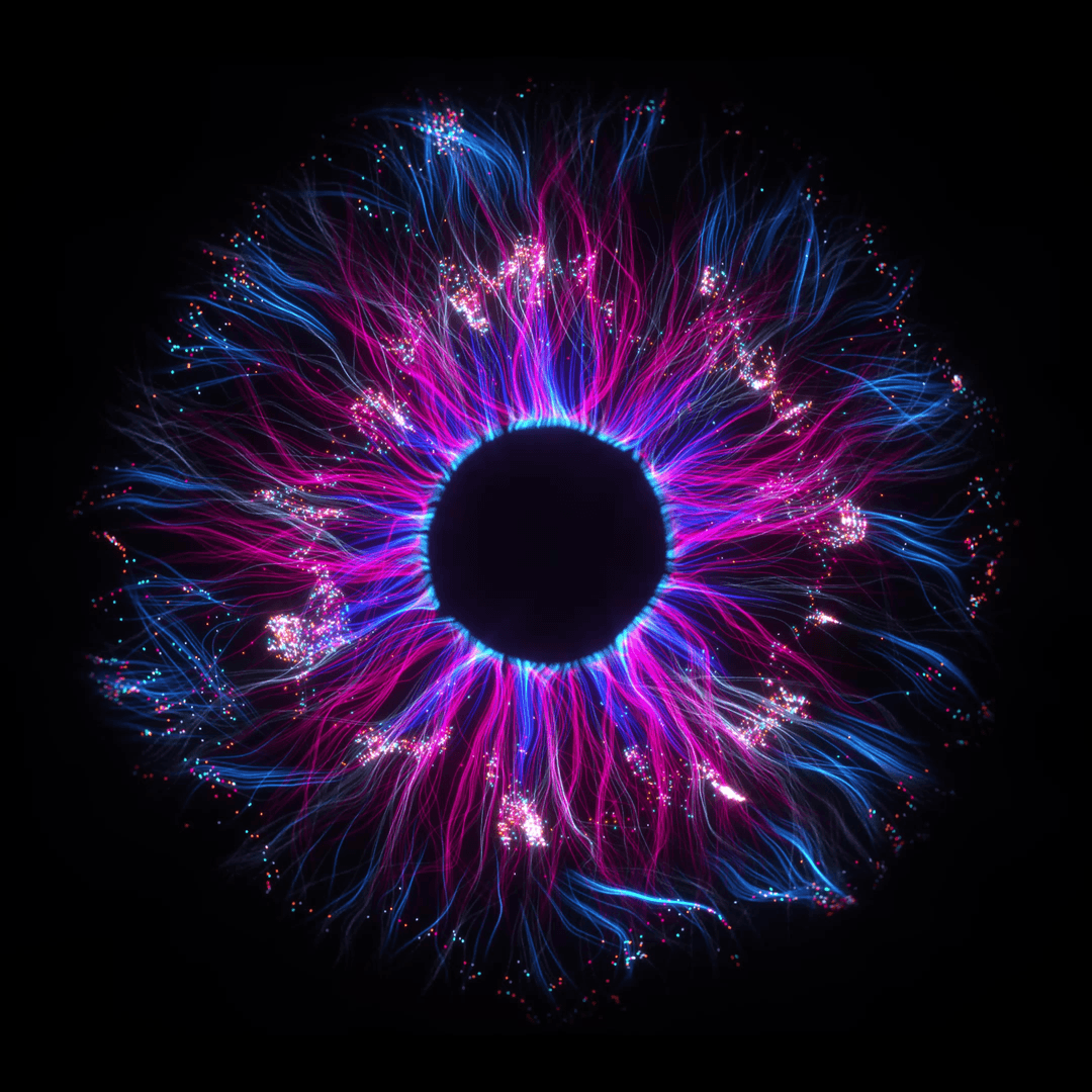 Iris stylisé en néon indigo et magenta